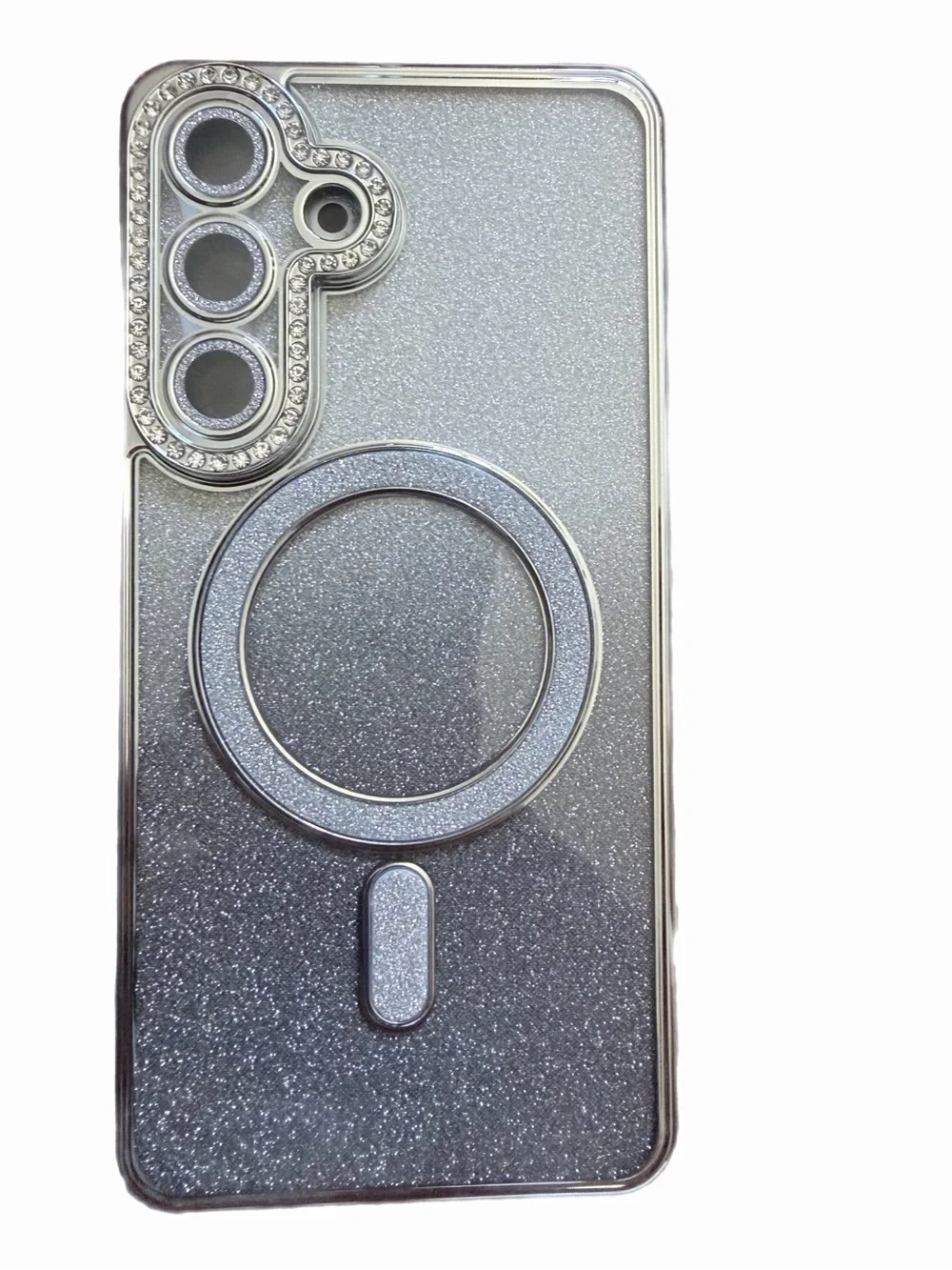Silver Glitter Magnetic Ring Phone Case Samsung S26 plus Camera Rhinestones.